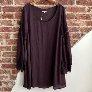 𝅺CHARLOTTE Russe Maroon Boho Shift Dress with Lace Sleeves